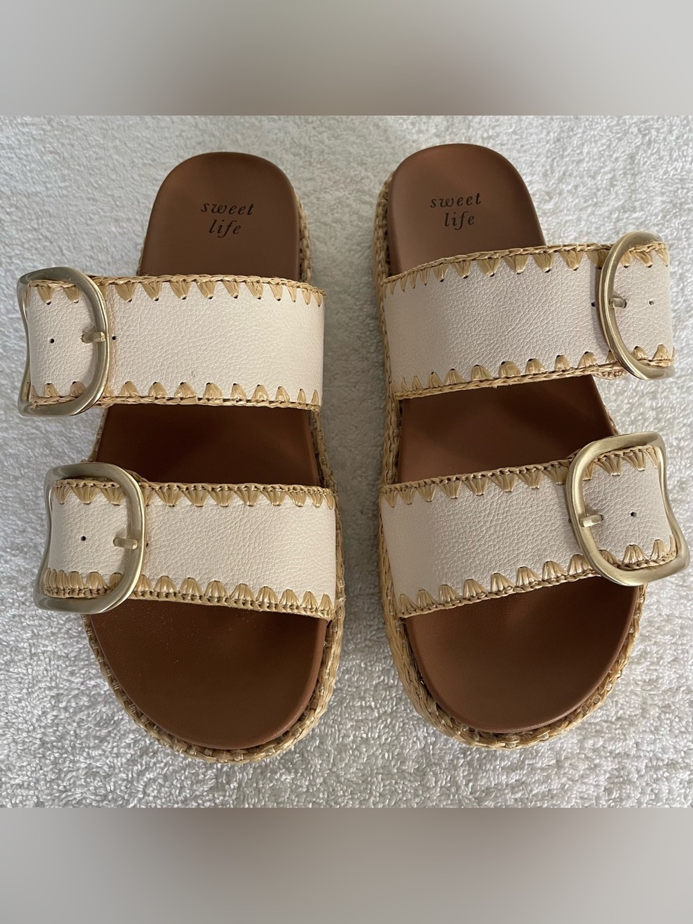 Woven Platform Slide Sandals in Cream with Gold Buckles Size 8.5 Women